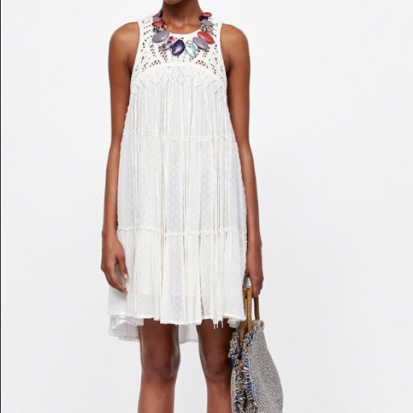 Zara Dotted Mesh Dress With Crochet Bib Fringe - Picture 3 of 6